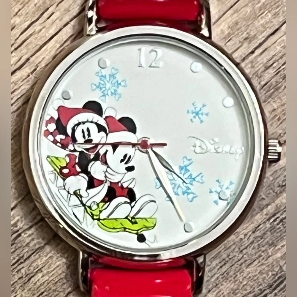 Vintage Disney Mickey and Minnie Mouse Festive Christmas Watch Red Strap Gift